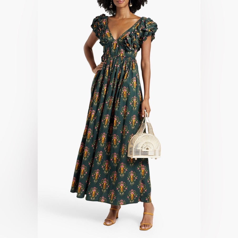 NWT AGUA BENDITA Calatea Remedios Ruffled Printed Cotton-Poplin Maxi Dress